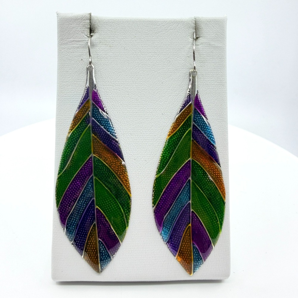 Vintage Rainbow Enamel Leaf Dangle Earrings Silver Tone Boho Drop